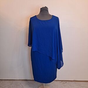 Hanna Nikole Sleeveless Cape Dress Sheer Overlay Blue Size 22W Tea Length FLAW